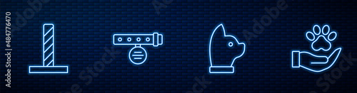 Set line Cat, scratching post with toy, Collar name tag and Hands animals footprint. Glowing neon icon on brick wall. Vector