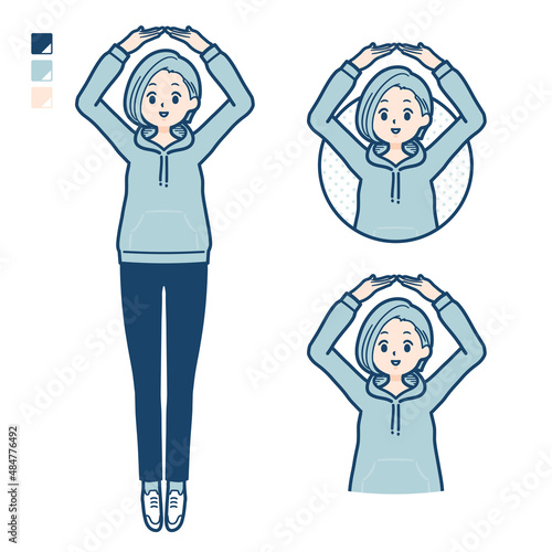 パーカーを着た若い女性が腕でまるを作っているイラスト