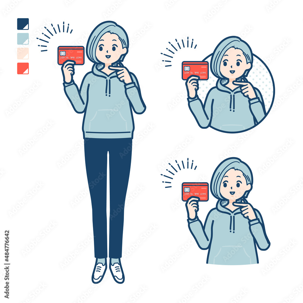 パーカーを着た若い女性がクレジットカードを指差しているイラスト