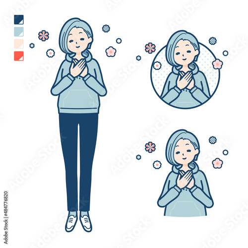 パーカーを着た若い女性が安らいでいるイラスト