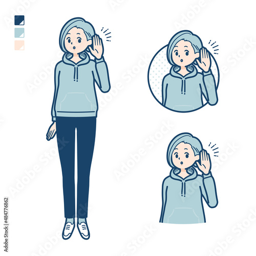 パーカーを着た若い女性が聞き耳をたてているイラスト