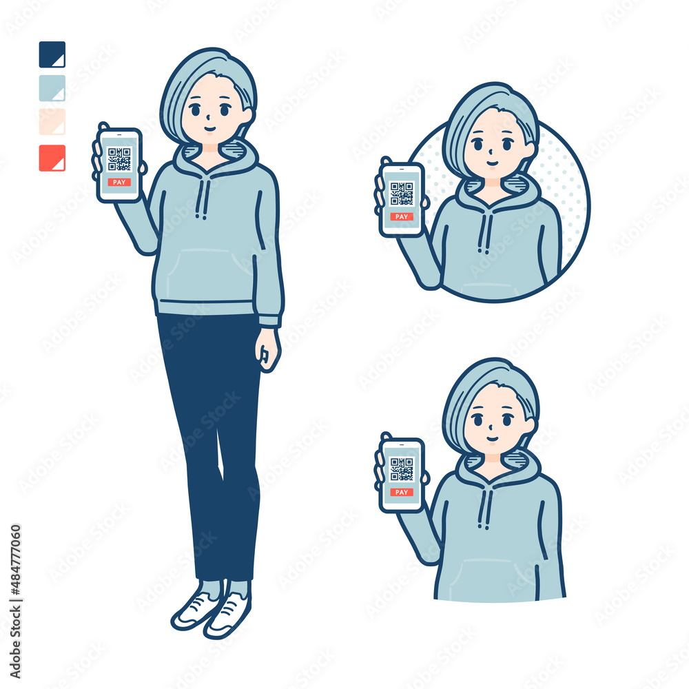 パーカーを着た若い女性がスマートフォンでキャッシュレス決済しているイラスト