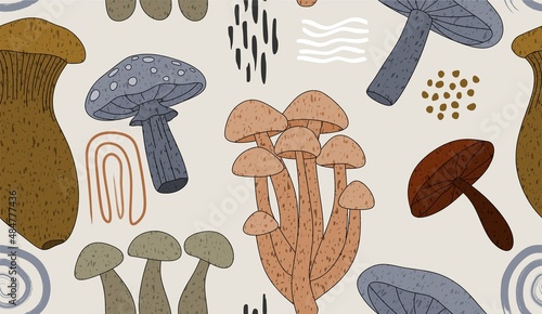 Hand drawn seamless pattern with mushrooms.