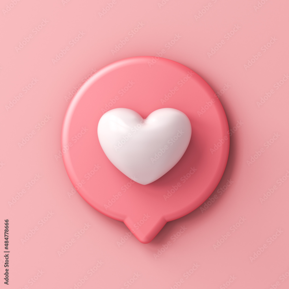 Heart like social media notification icon isolated on pink pastel color wall background with shadow minimal conceptual 3D rendering