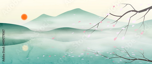 Mountains in Japanese style with a tree and sakura flowers on the lake. Oriental landscape watercolor art background for decor, website design, banner