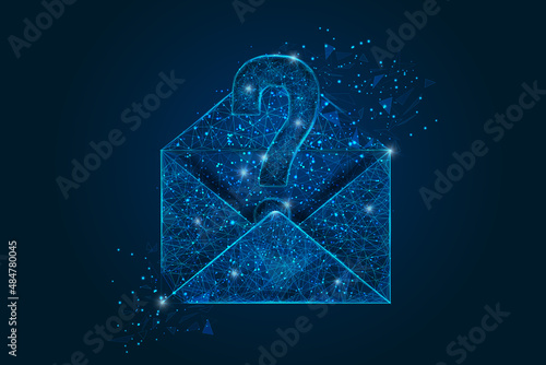 Abstract isolated image of a letter, mail or message with a question mark. Polygonal illustration looks like stars in the blask night sky in spase or flying glass shards. Digital design for website