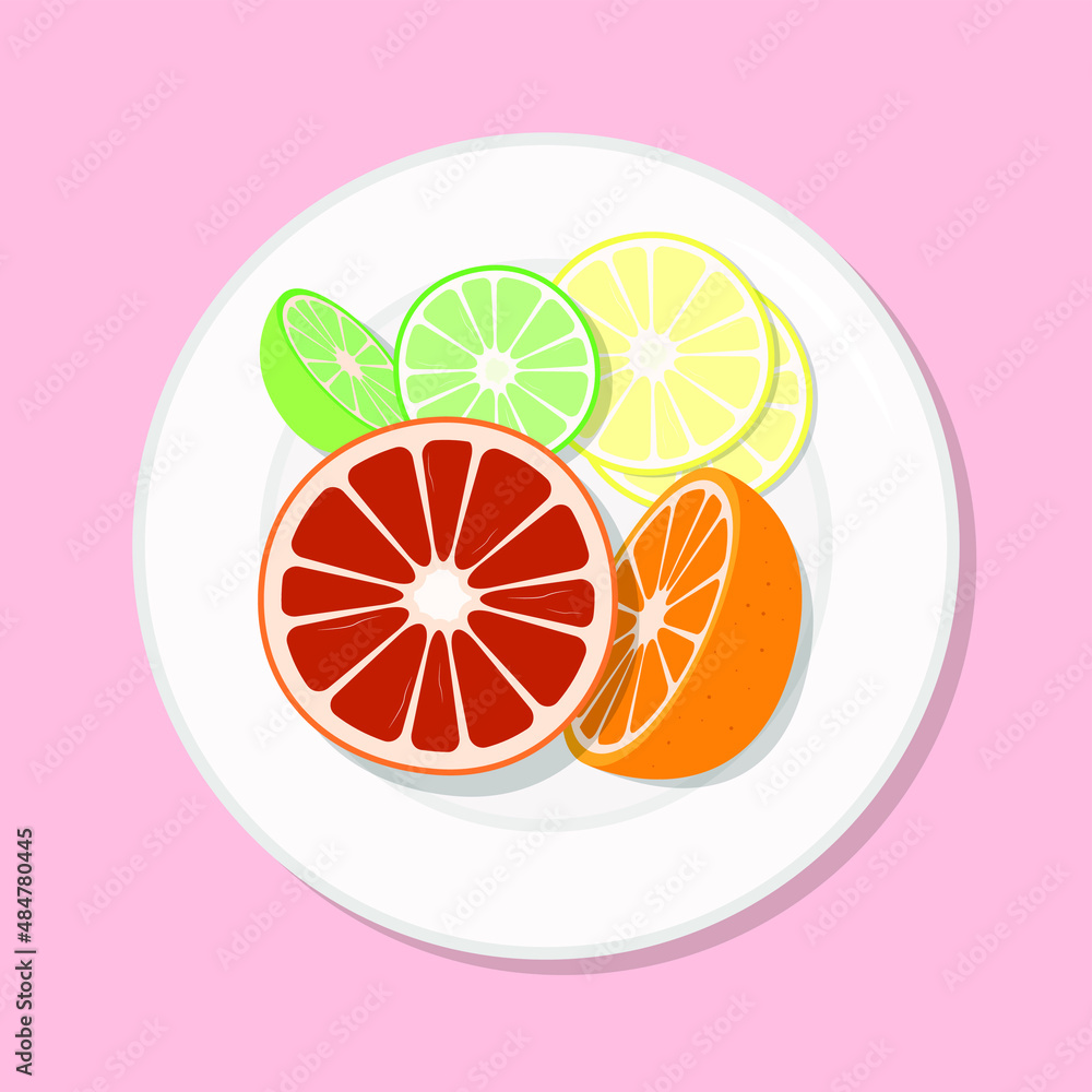 Orange, lime, lemon, grapefruit slice and half, citrus healthy diet meal on plate. Vector illustration. Simple flat stock image. Vitamin c exotic fruit on table healthy food nutrition Orange, lime, lemon, grapefruit slice and half, citrus healthy diet meal on plate. Vector illustration. Simple flat stock image. Vitamin c exotic fruit on table healthy food nutrition