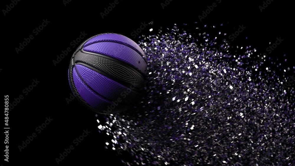 Black-Purple Basketball with Rotation Particles under spot lighting background. 3D illustration. 3D high quality rendering. Black-Purple Basketball with Rotation Particles under spot lighting background. 3D illustration. 3D high quality rendering.