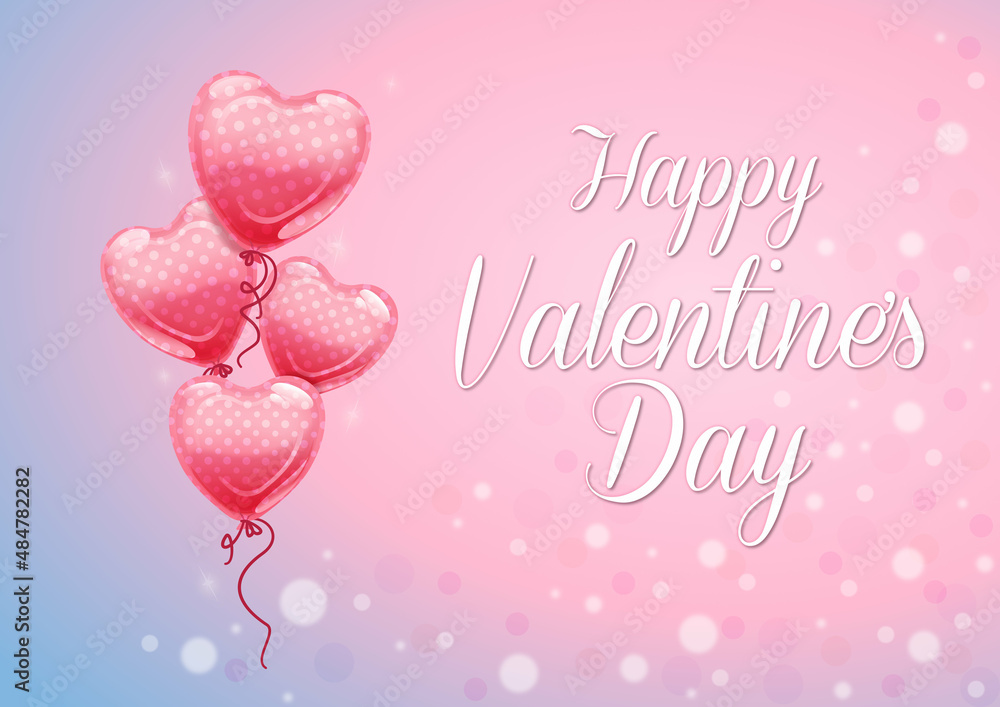 Romantyczne walentynkowe tło z balonikami w kształcie serca i z napisem "Happy Valentine's Day". Ilustracja na banery, tapety, ulotki, vouchery upominkowe, kartki z życzeniami, plakaty. - obrazy, fototapety, plakaty 