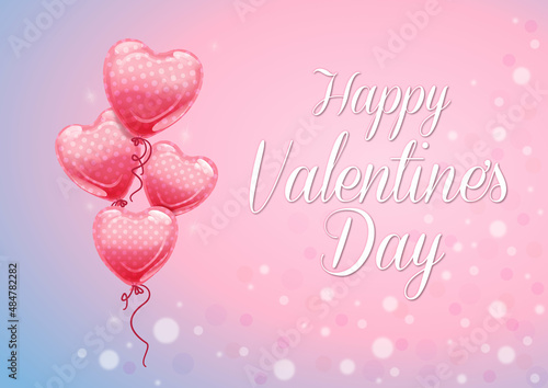 Romantyczne walentynkowe tło z balonikami w kształcie serca i z napisem "Happy Valentine's Day". Ilustracja na banery, tapety, ulotki, vouchery upominkowe, kartki z życzeniami, plakaty.