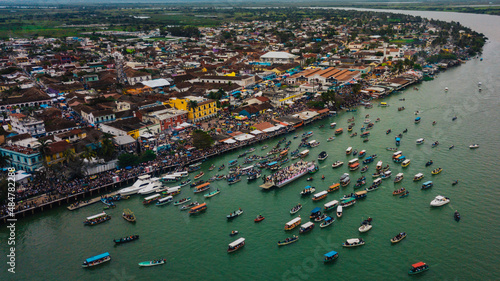 Aerial photo of many boats carrying the Virgen de la Candelaria in Tlacotalpan Veracruz, Mexico