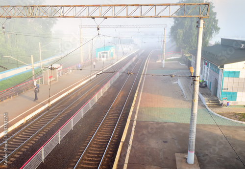 Novosibirsk, Siberia, Russia-08.15.2021: Railway station in the morning fog