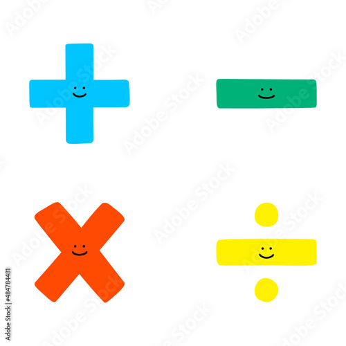Illustration set of four arithmetic symbol mascot character (white background, vector, cut out)