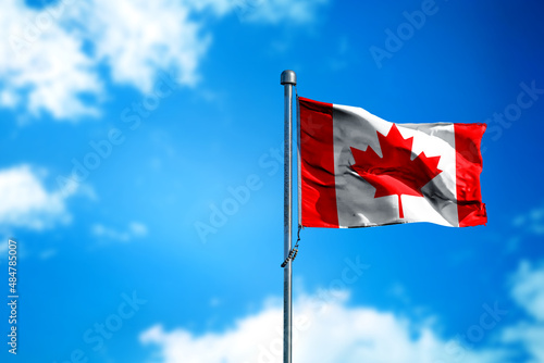 Flag of Canada on the wind against blue sky