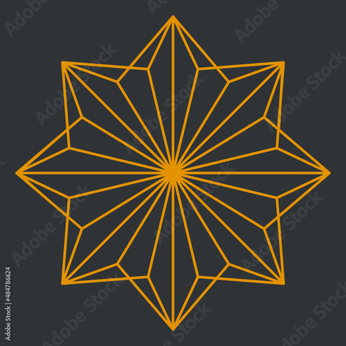 Simple geometric 8-sided star with 3d line art pattern fill in gold color outline against a dark gray background, symmetrical vector illustration
