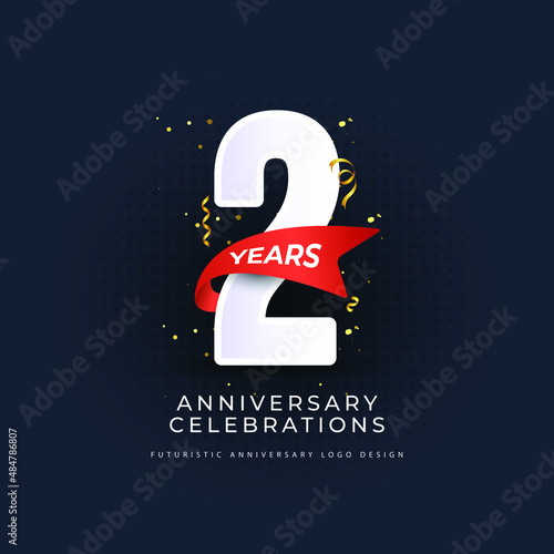 2 years Anniversary celebrations logo with ribbons. Gold color is elegant and luxurious.