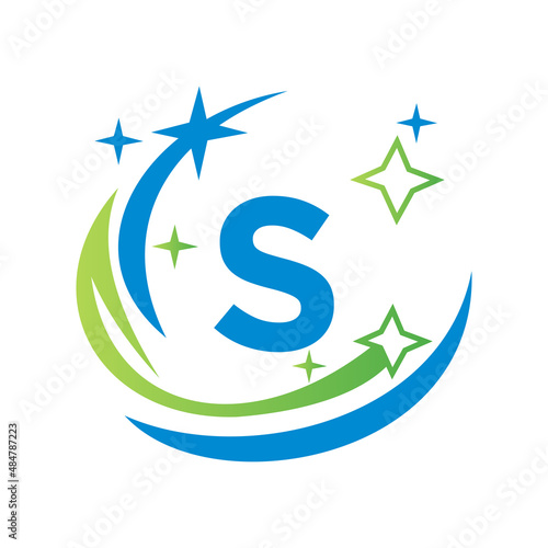 Broom Maid Logo Letter S Logotype. Water Drop Template. House Cleaning Logo On Letter S With Water Spa Concept