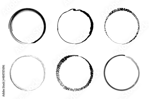 Ink circle icon. Grunge round frame. Abstract texture. Design element. Hand drawn. Vector illustration. Stock image. 