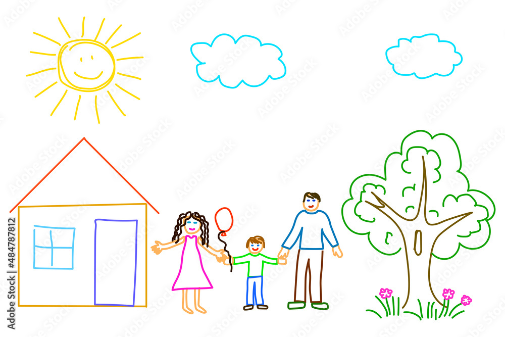 Family kid picture. Cartoon card. Hand drawing. Colored sign. Artistic background. Vector illustration. Stock image. Family kid picture. Cartoon card. Hand drawing. Colored sign. Artistic background. Vector illustration. Stock image.