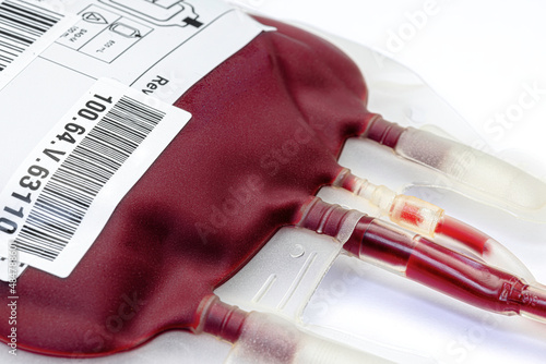 Canvastavla Clean bag of human blood isolated on white background