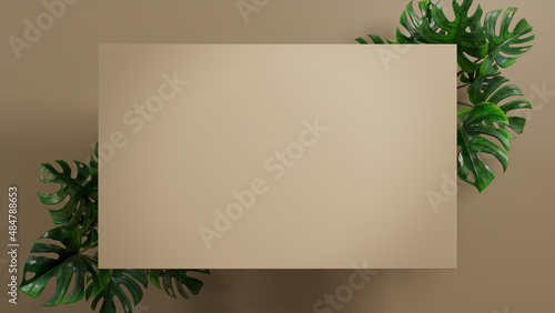 Rectangle Botanical Frame with Monstera Plant Border. Beige, Natural Design with copy space. photo