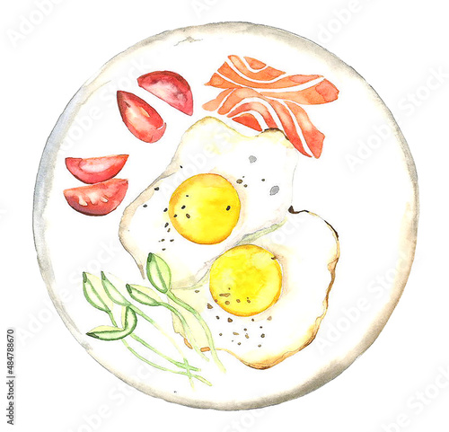 Hand-drawn scrambled eggs in watercolor. Watercolor breakfast illustration, scrambled eggs with tomato and salmon.