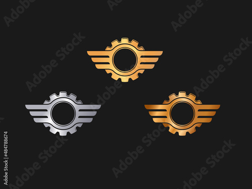 set of 3d winged gear in gold silver bronze logo