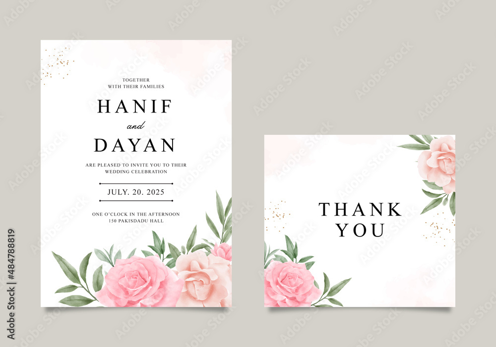 wedding invitation card template set with floral watercolor decoration