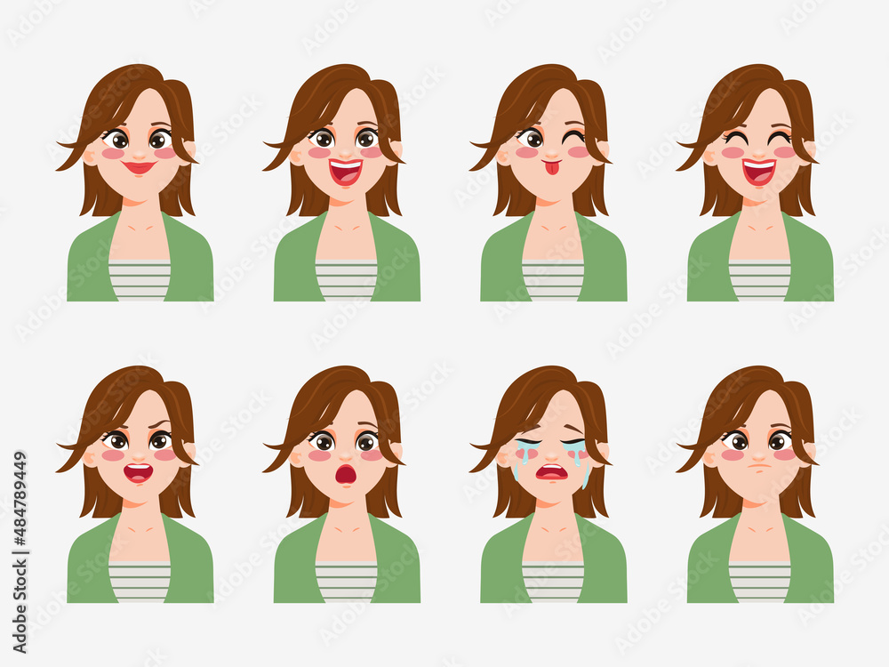 Character showing emotions face clip art cute woman. Character showing emotions face clip art cute woman.
