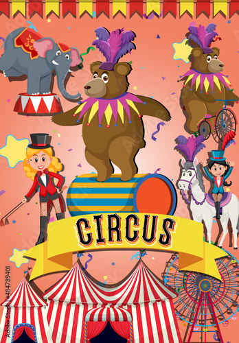 Circus poster design with bears animal performance on stage