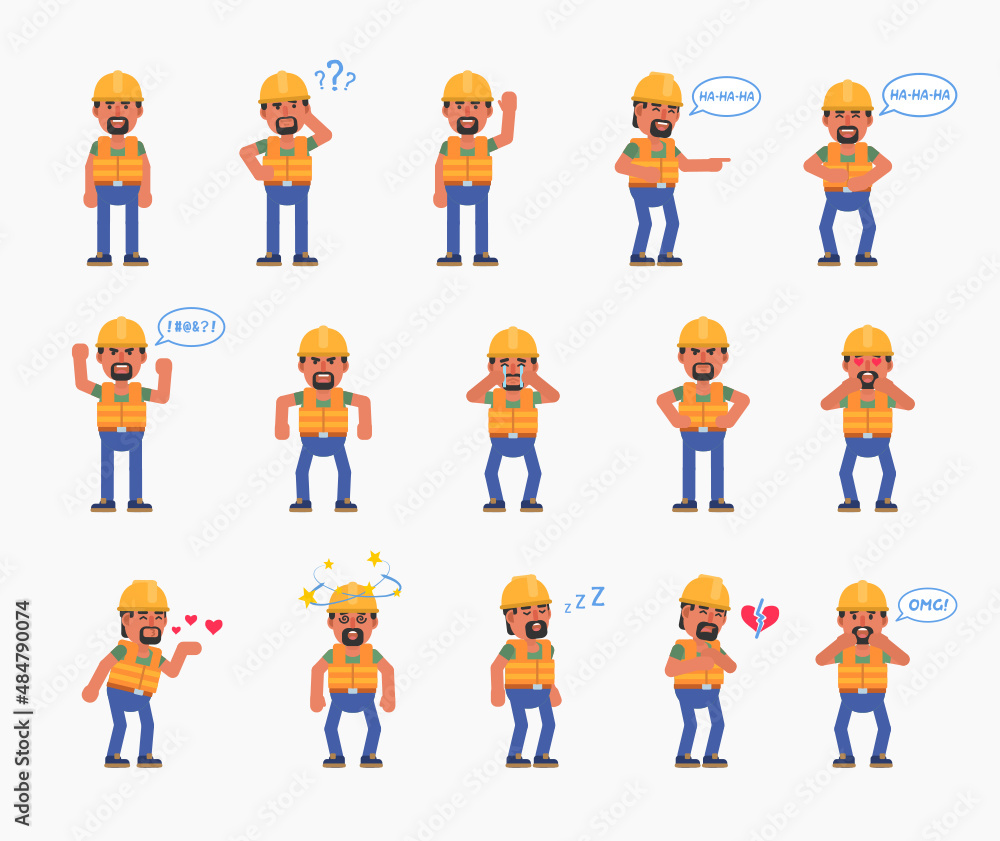 Construction worker showing various emotions. Builder crying, laughing, happy, tired, angry and showing other expressions. Modern vector illustration