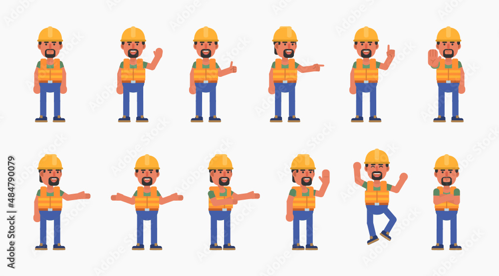 Cheerful construction worker showing various hand gestures. Builder with hard hat pointing, greeting, showing thumb up and other hand gestures. Modern vector illustration