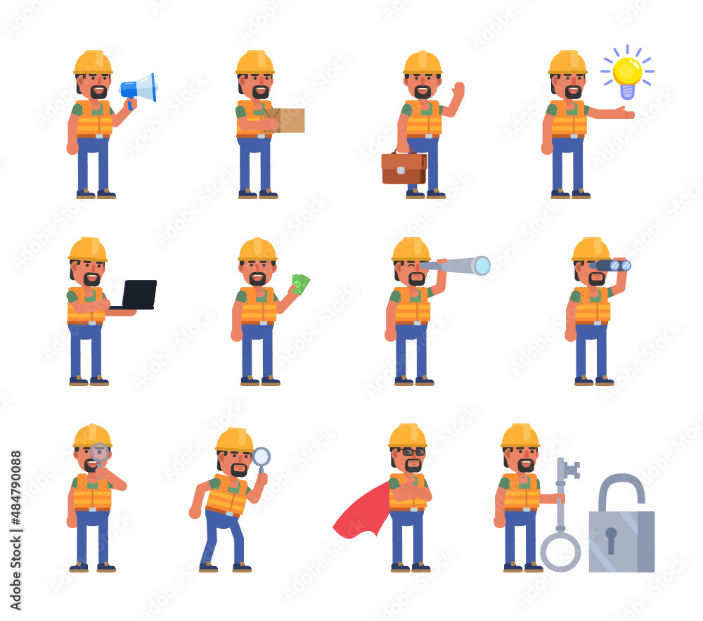 Construction worker in various situations. Cheerful builder holding megaphone, big key, laptop, idea and showing other actions. Modern vector illustration