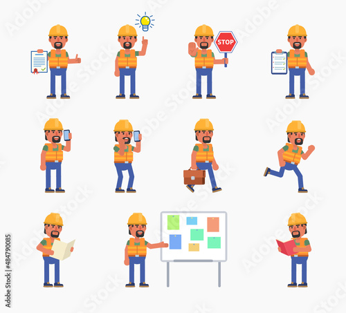 Construction worker in various situations. Cheerful builder holding document, stop sign, reading book, talking on phone and showing other actions. Modern vector illustration