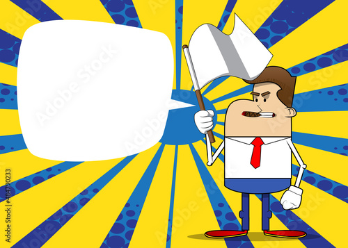 Simple retro cartoon of a businessman holds white flag of surrender. Professional finance employee white wearing shirt with red tie.