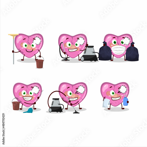 Cleaning service pink broken heart love cute cartoon character using mop