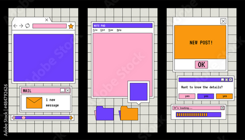 Linear vaporwave Ig stories templates. Social media set design. Abstract retro aesthetic groovy backgrounds pack 70s, 80s, 90s style. Retro PC windows interface