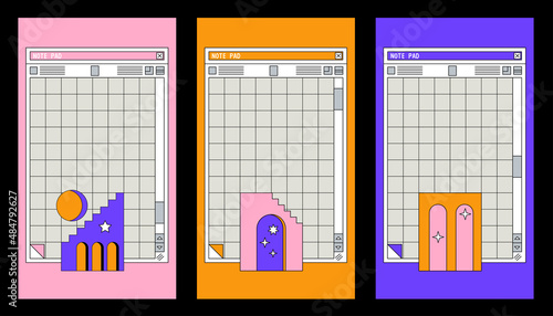 Linear vaporwave Ig stories templates. Social media set design. Abstract retro aesthetic groovy backgrounds pack 70s, 80s, 90s style. Retro PC Notepad windows interface