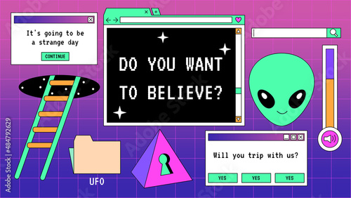 Abstract old aesthetic background. Linear vaporwave retro desktop wallpaper. Modern vintage comic illustrations. Trendy, nostalgic style 80s, 90s. Retro PC windows interface. UFO, Alien, space