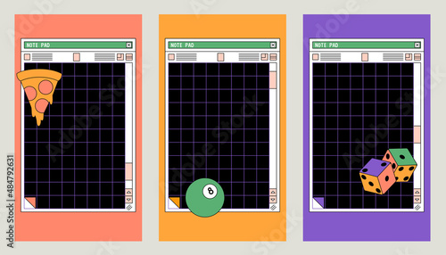 Linear vaporwave Ig stories templates. Social media set design. Abstract retro aesthetic groovy backgrounds pack 70s, 80s, 90s style. Retro PC Notepad windows interface. Comic illustrations