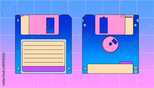 Vector retrofuturistic illustration of floppy disk in vaporwave 80s, 90s cartoon style. Diskette two sides.  Checkered gradient background photo