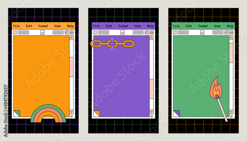 Linear vaporwave Ig stories templates. Social media set design. Abstract retro aesthetic groovy backgrounds pack 70s, 80s, 90s style. Retro PC Notepad windows interface. Comic fun illustrations