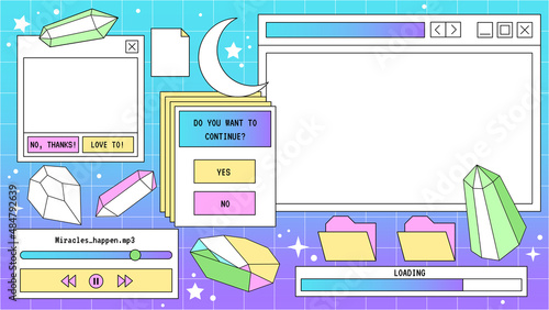 Abstract old aesthetic background. Linear vaporwave retro desktop wallpaper. Trendy, nostalgic, colorful style 80s, 90s story template. Retro PC windows interface. Moon, magic crystals.