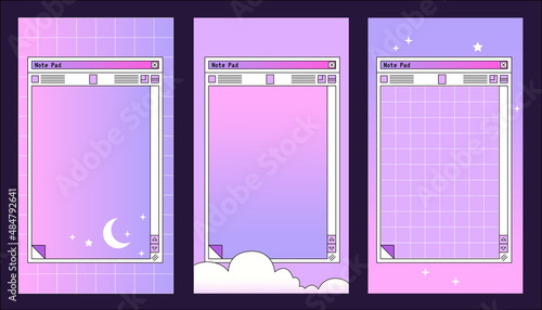 Linear vaporwave Ig stories templates. Social media set design. Abstract retro aesthetic art pack 80s, 90s style. Retro PC Notepad windows interface. Japanese nostalgic dream backgrounds.