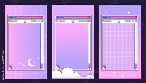 Linear vaporwave Ig stories templates. Social media set design. Abstract retro aesthetic art pack 80s, 90s style. Retro PC Notepad windows interface. Japanese nostalgic dream backgrounds. photo