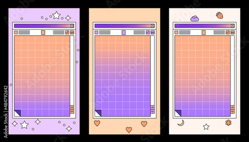 Linear vaporwave Ig stories templates. Social media set design. Abstract retro aesthetic groovy backgrounds pack 80s, 90s style. Retro PC Notepad windows interface