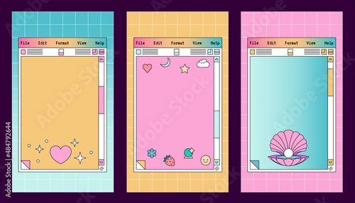 Linear vaporwave Ig stories templates. Social media set design. Abstract retro aesthetic groovy backgrounds pack 70s, 80s, 90s style. Retro PC Notepad windows interface