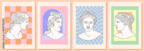 Abstract contemporary backgrounds set with classic antique marble woman goddess greek statue in modern style. Boho wall decor. Minimalist art print. Aphrodite Venus Portrait. Danish Pastel Aesthetics