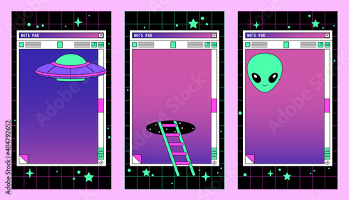 Linear vaporwave Ig stories templates. Social media set design. Abstract retro aesthetic groovy backgrounds pack 80s, 90s style. Retro PC Notepad windows interface. UFO, Alien, Space icons