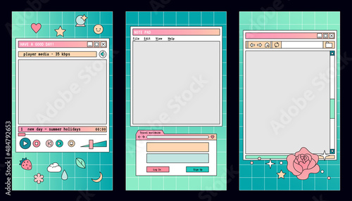 Linear vaporwave Ig stories templates. Social media set design. Abstract retro aesthetic backgrounds pack 80s, 90s nostalgic style.